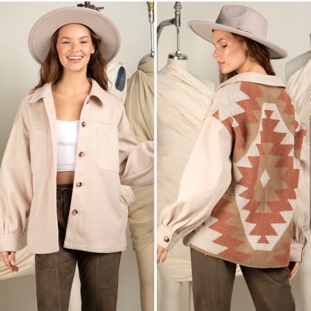 NWT Cozy Boho Chic Aztec Dusty Pink Ivory Shirt Jacket  "Shacket" Altar’d State